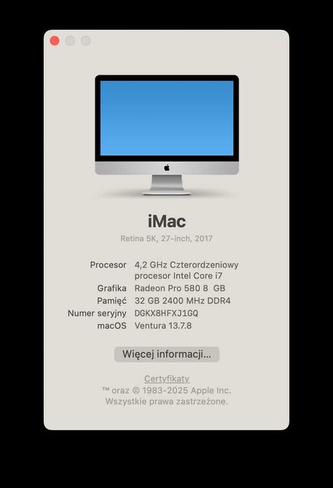 iMac 27 Retina 5K 4,2 GHz Radeon Pro 580, 32GB RAM, 500 GB SSD Ventura