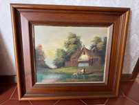 Antiga pintura a óleo de paisagem campestre