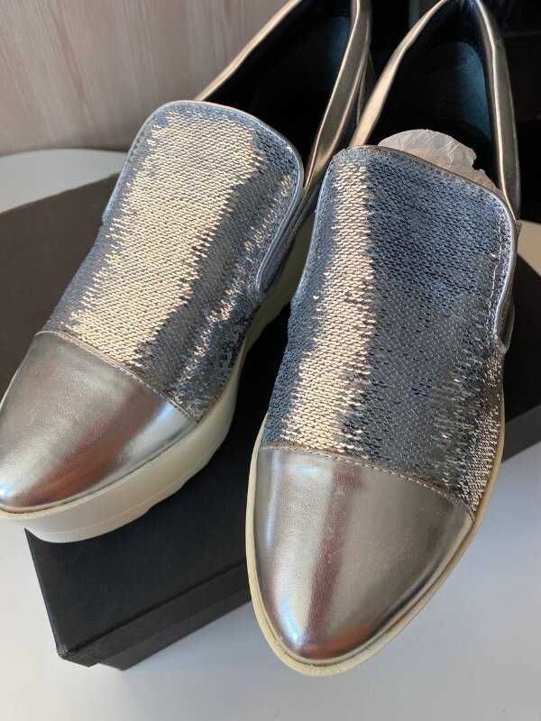 Красиві жіночі лофери сліпони kendall+kylie шкіра сріблясті, р 37,5-38