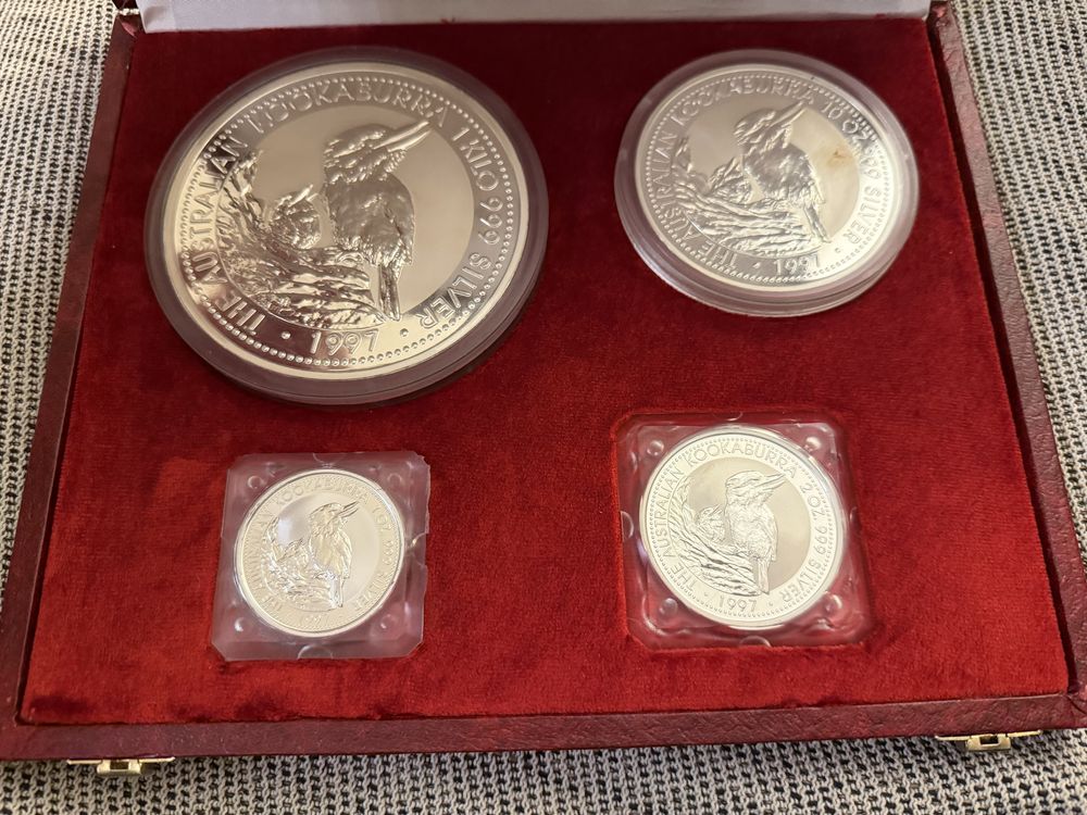 Estojo 4 moedas kookaburra 1997 prata fina (1 kilo, 10 oz, 2 oz, 1 oz)