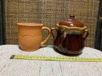 Керамическая сахарница коричневая глянцевая и глиняная чашка