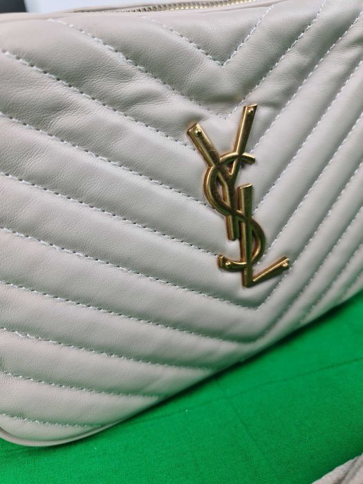 Torebka srednia Torba YSL prazkowana ecru skórzana kuferek Premium