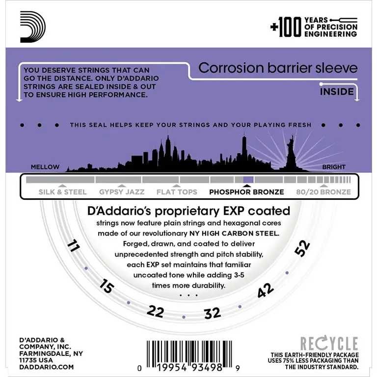 Струны D'addario EXP26 для акустической гитары (11/52) (фосф. бронза)