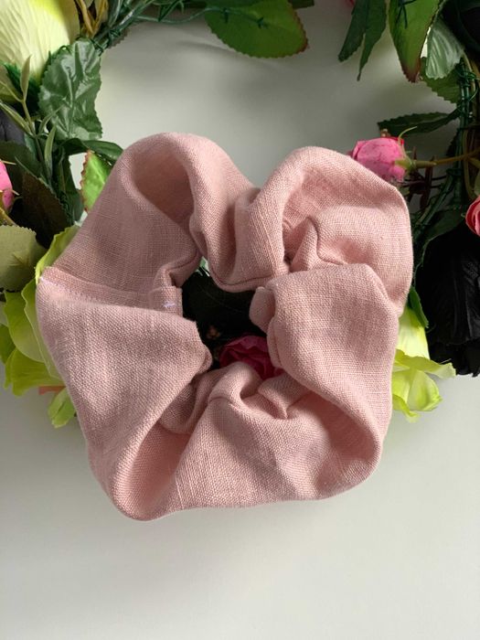 Gumka do włosów, scrunchie, len różowy, HANDMADE