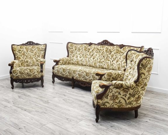 Komplet MEBLI do SALONU Zestaw SOFA + 2 pikowane FOTELE Ludwik BUK BEŻ