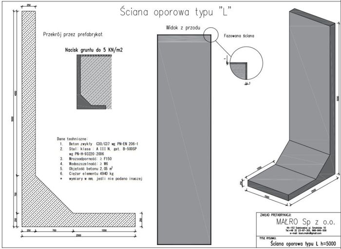 Mur oporowy typu L 500x100cm mury oporowe elki prefabrykat muru skarpa