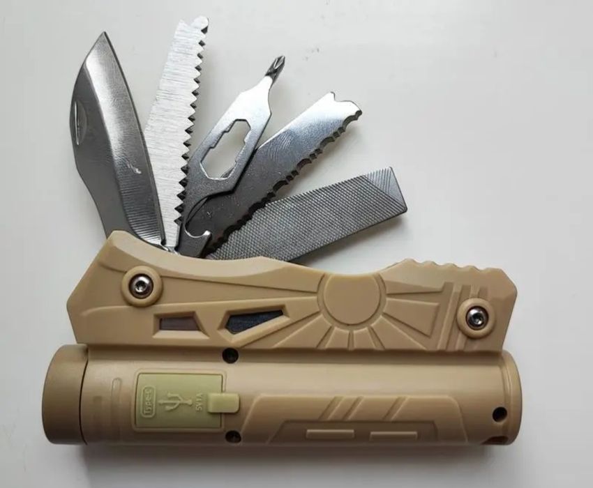 Туристический набор мультитул 7в1 фонарик складной нож повербанк