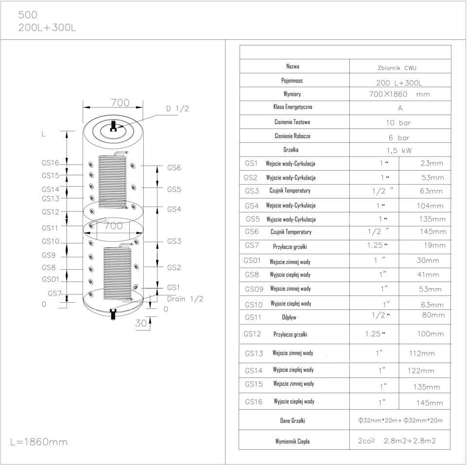 Bojler 200L+Bufor 300L wykonany ze stali nierdzewnej  wężownice 2.8m²