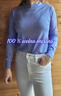 liliowy cienki sweter merino 100% wełna 38 wiosenny