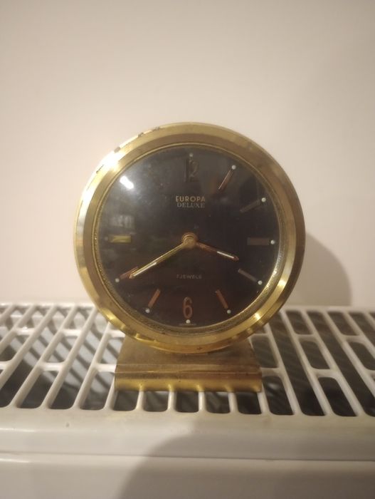 Piękny stary mosiężny budzik zegar Europa Deluxe 7jewels