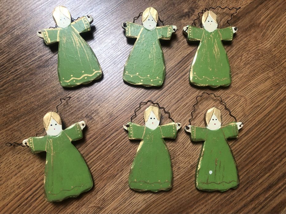 Rękodzieło vintage bombki anioły drewniane 6 sztuk zielone złoto