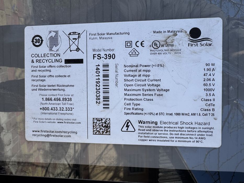 Тріснуті сонячні панелі FS-390 90 вт перевірені з Європи