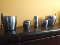 Conjunto Inox: 4 frapes, 2 recipientes para gelo, 2 pinças e shaker