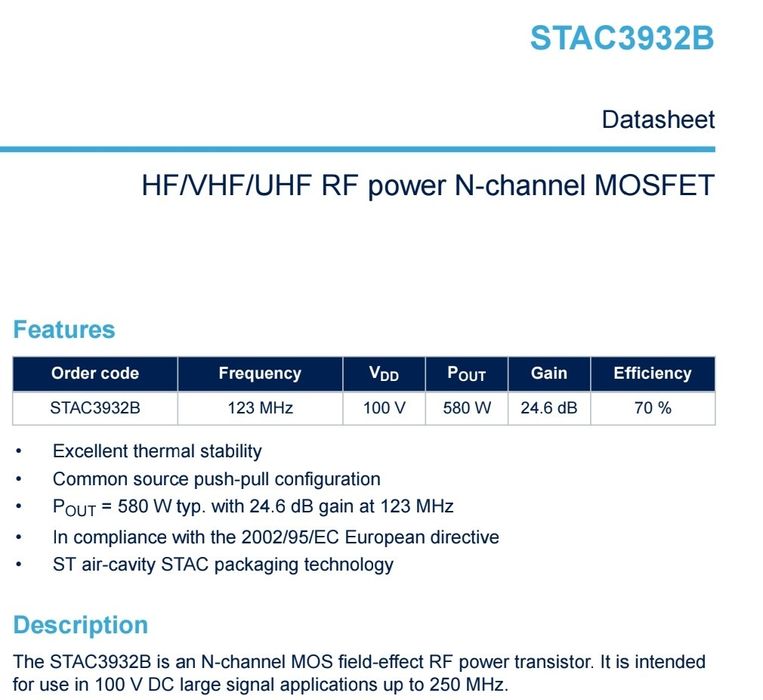 Transistor de Potência de RF STAC3932