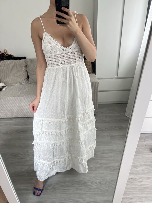 Piękna biała maxi sukienka na lato szydełkowa ażurowa Zara M L