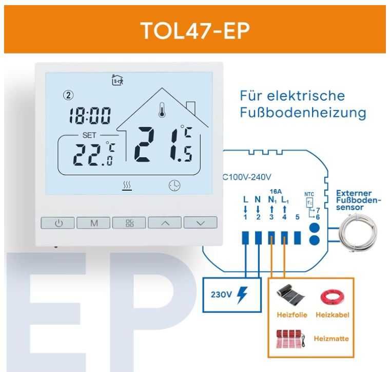 Termostat Beok TOL47-EP, elektryczne ogrzewanie podłogowe + czujnik