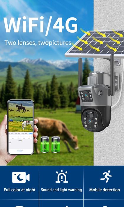 Kamera Solarna WiFi 8MP 4K 2xObiektyw śledzenie osób+KartaSD64GB