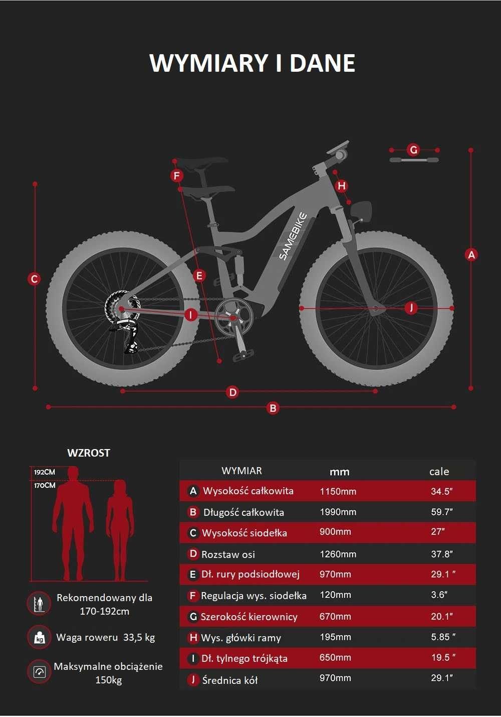 SAMEBIKE RSA08 elektryczny fat bike mtb górski 26' 750W 17Ah 120KM