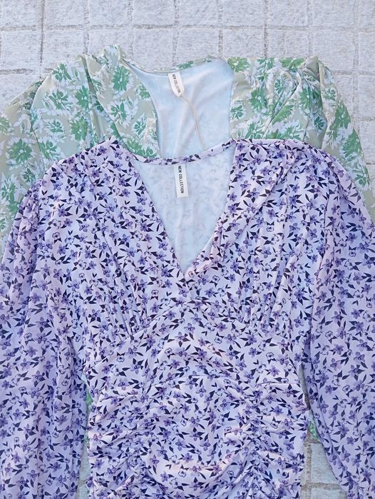 Vestidos curtos verde e lilás