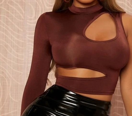 Nowa brązowa bluzka crop top z wycięciami dekoltem Shein L