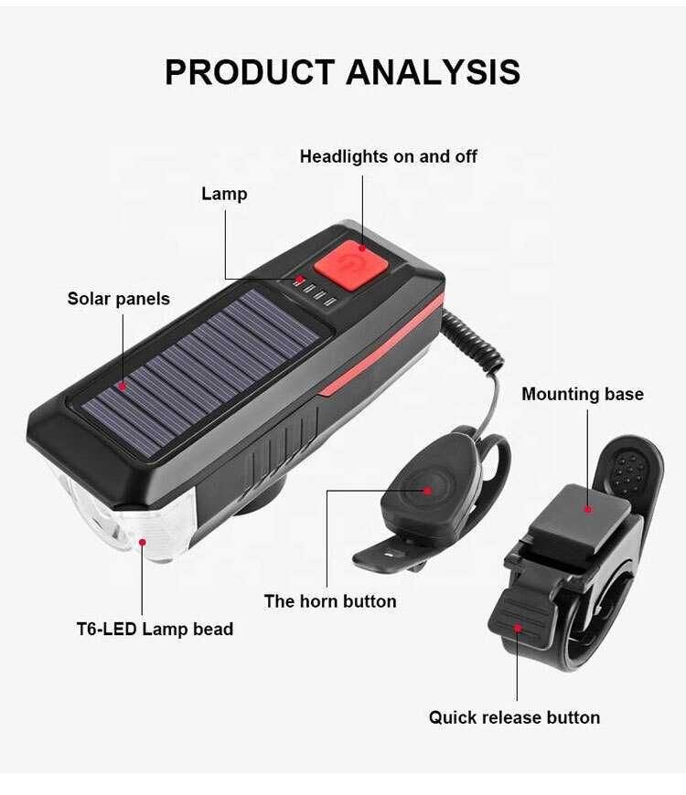 Oświetlenie rowerowe Lampka rowerowa solarna akumulator