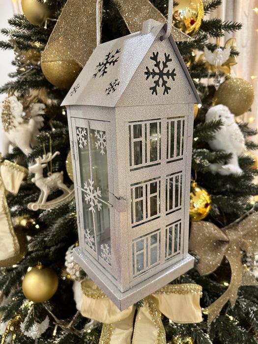 Stebrny lampion snowhouse domek brokat brokatowy home&you