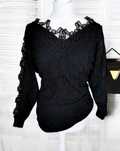 Sweter Alpaka Haft Koronka Gipiura Wycięte Rękawy Elegancki Gothic