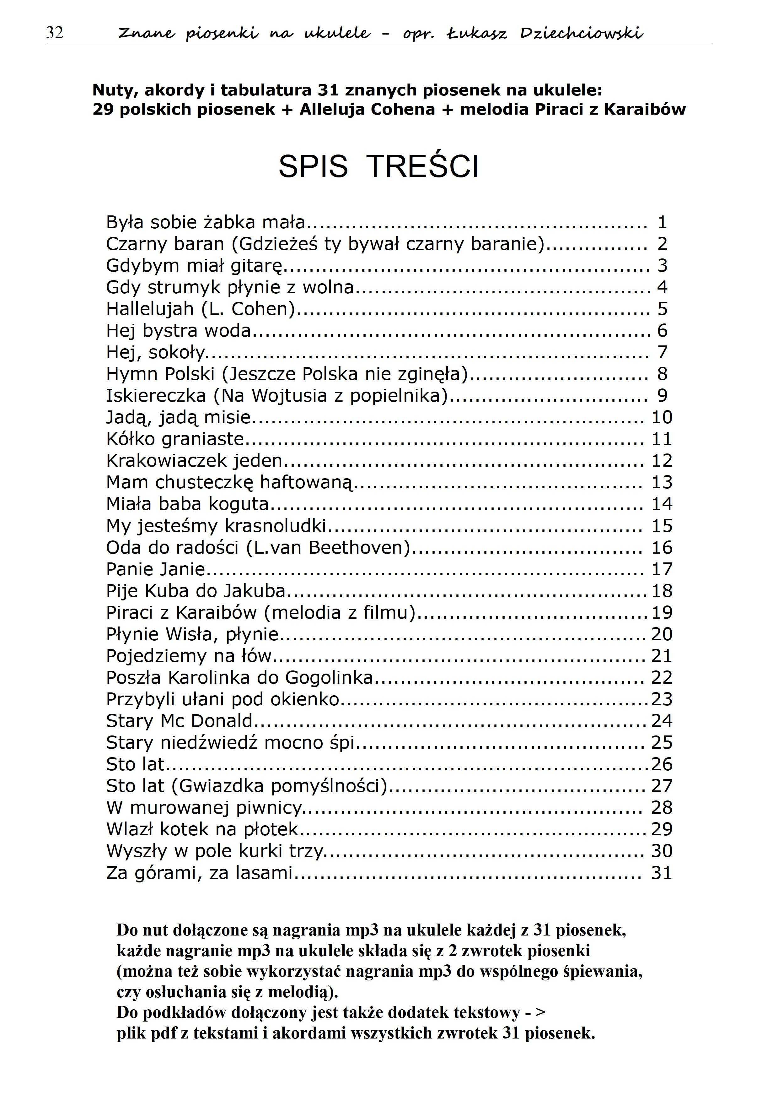 Piosenki na ukulele - nuty 31 piosenek, tabulatura, słowa, mp3, nowe