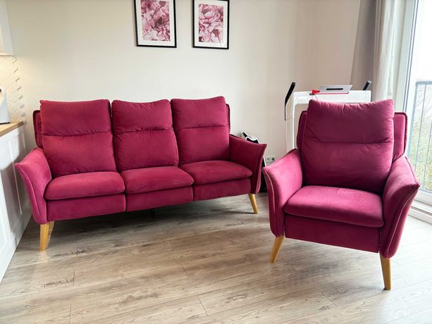 Sofa 3-osobowa + fotel funkcja relaks róż fuksja