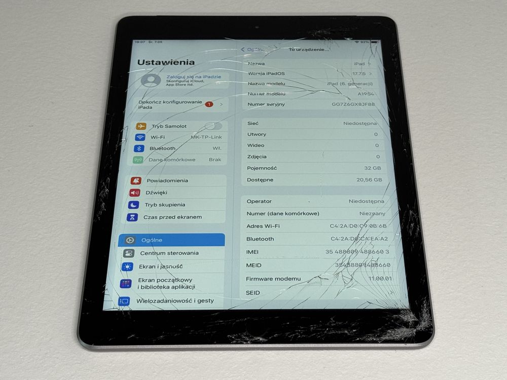 iPad 6. gen. 32GB (A1954) - Cellular (LTE) - zbity - faktura VAT 23%