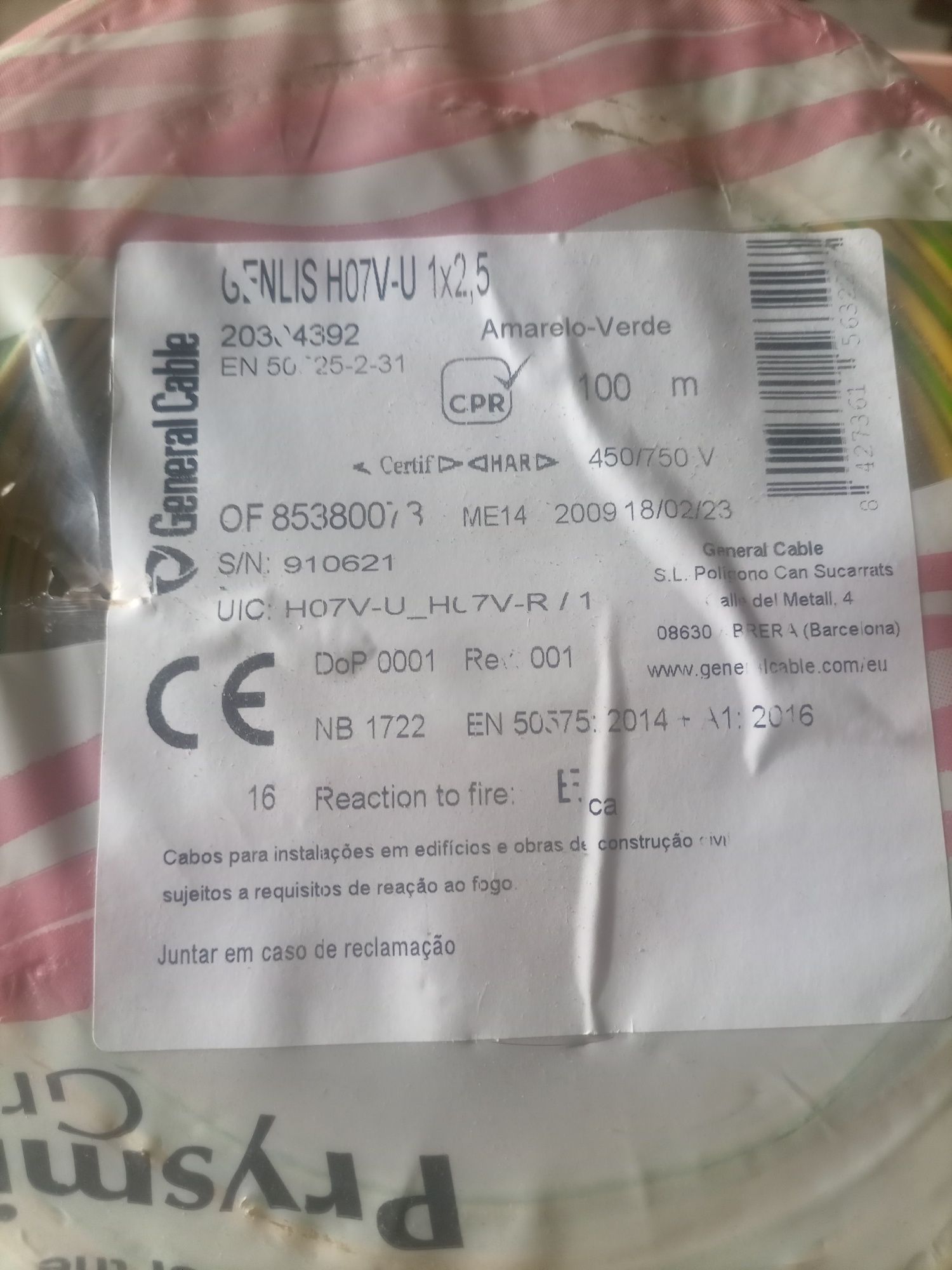 Bobines de 100 MT de fio 1,5/2,5