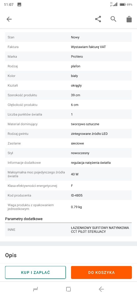 Plafon okrągły ProVero 39 x 6 cm biały