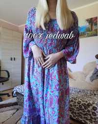 Sukienka jedwabna jedwab Luisa M L XL maxi niebieska różowa vintage
