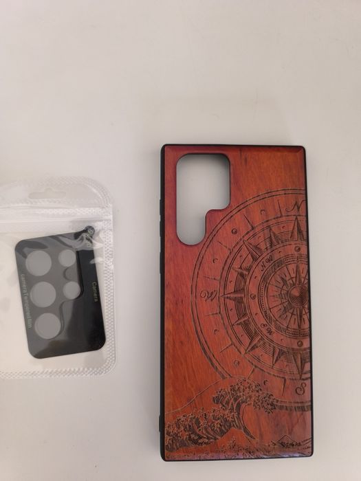 S22 Ultra Etui Drewniane + Osłona aparatów 9H + Pokrowiec Case Carveit