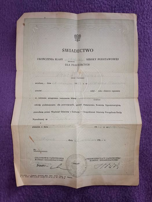 Świadectwo ukończenia klasy VII szkoły podstawowej dla pracujących 62r