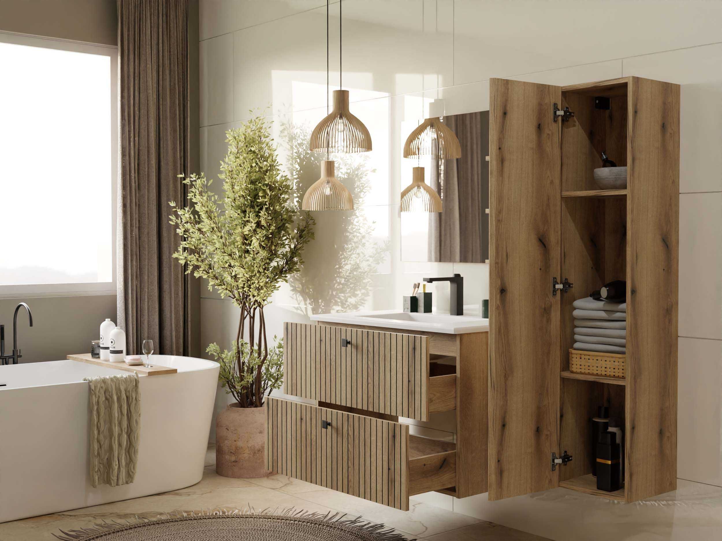 SZAFKA Pod Umywalkę TIGO 80 2S Ryflowany Front + Umywalka DĄB EVOKE