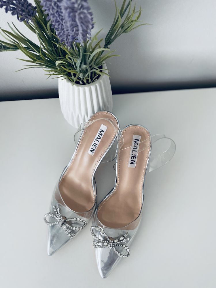 Buty na obcasie szpilki transparentne sandały z kokardką