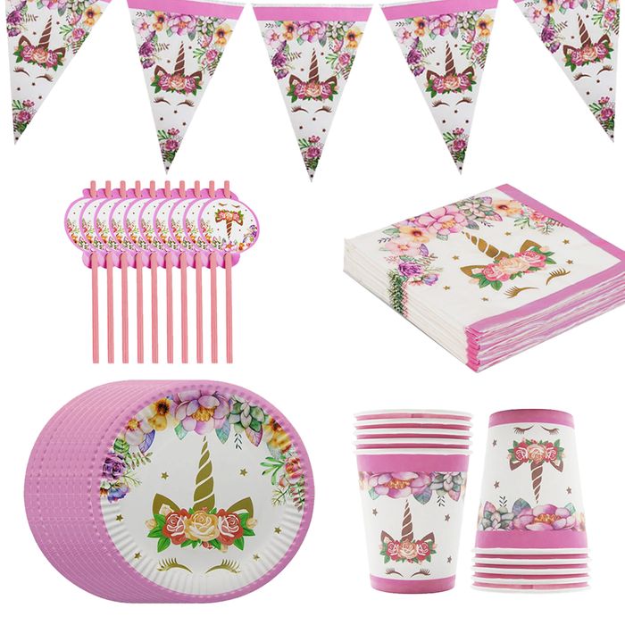 ZESTAW naczyń JEDNOROŻEC 2 Urodziny Kubki Talerze Serwety Słomki 81szt
