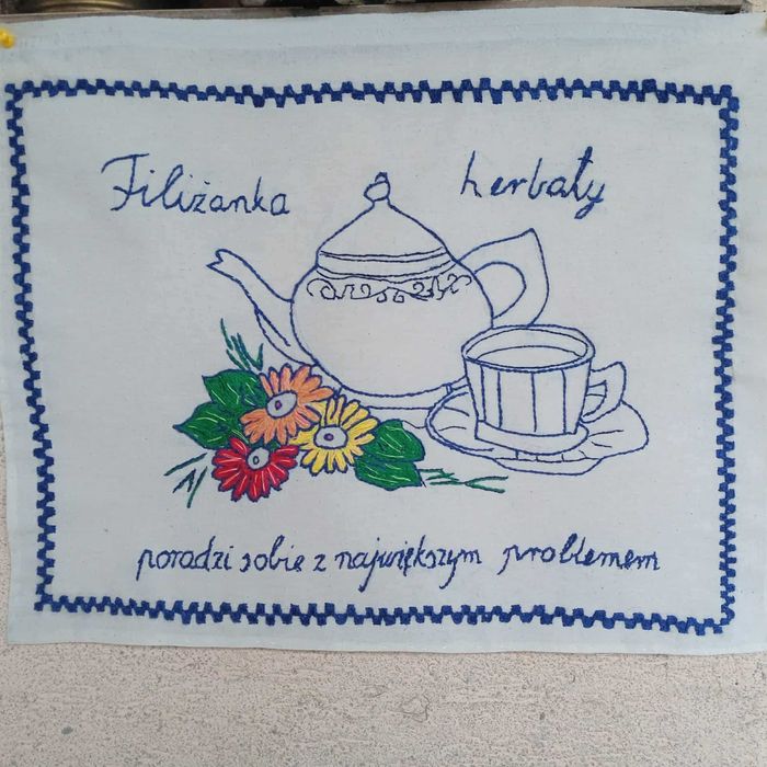 Makatka ścienna ręcznie haftowana nowa/Filiżanka herbaty poradzi ...