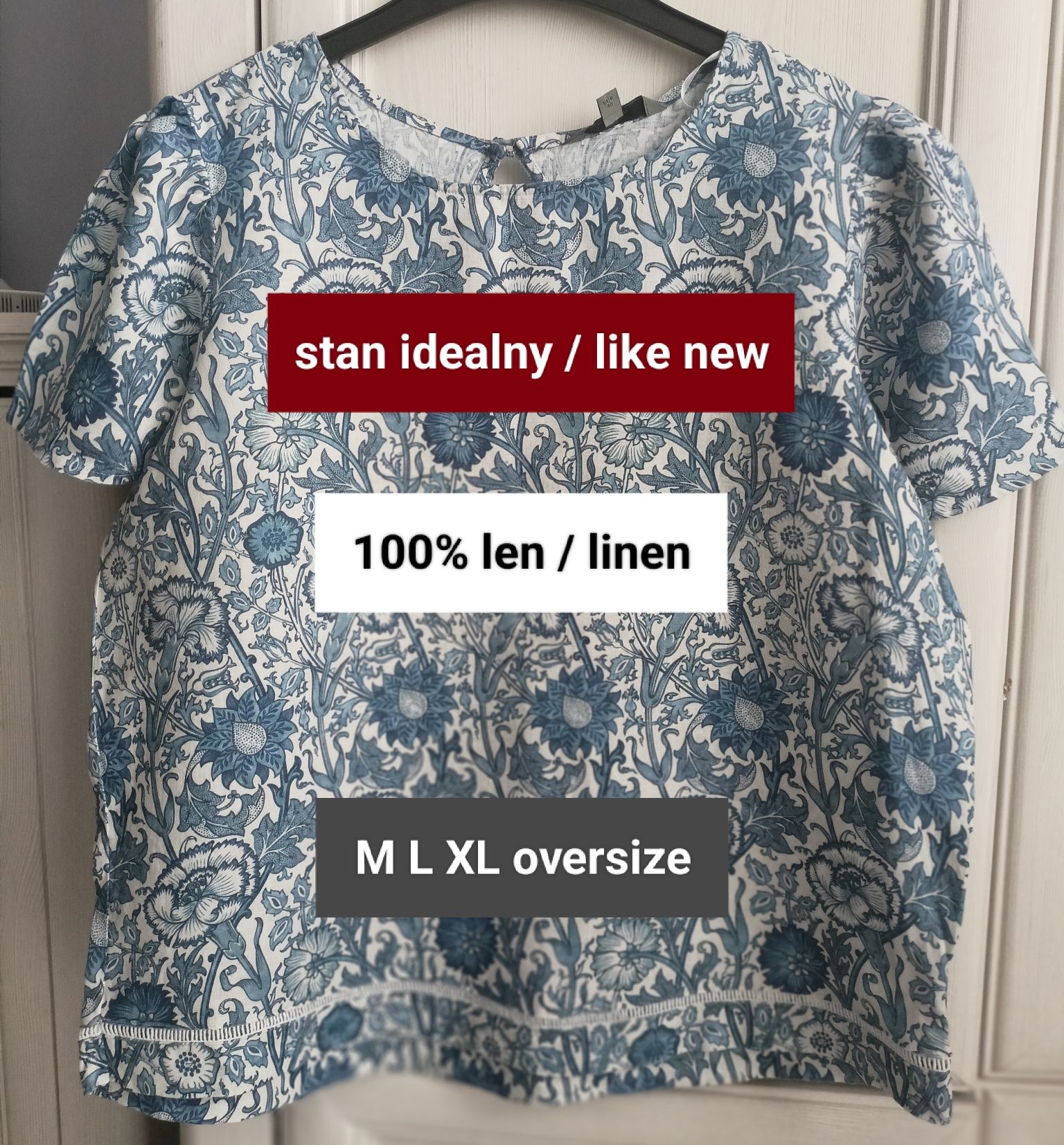 M L XL oversize lniana bluzka kwiaty boho 100% len wiosna lato hafty