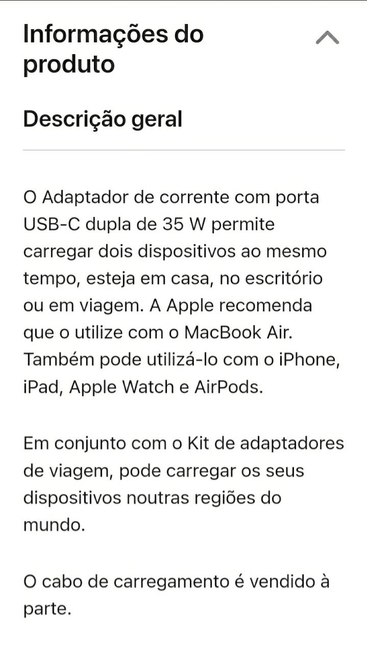 Original Adaptador de corrente Apple USB‑C dupla de 35 W e Cabo 2m