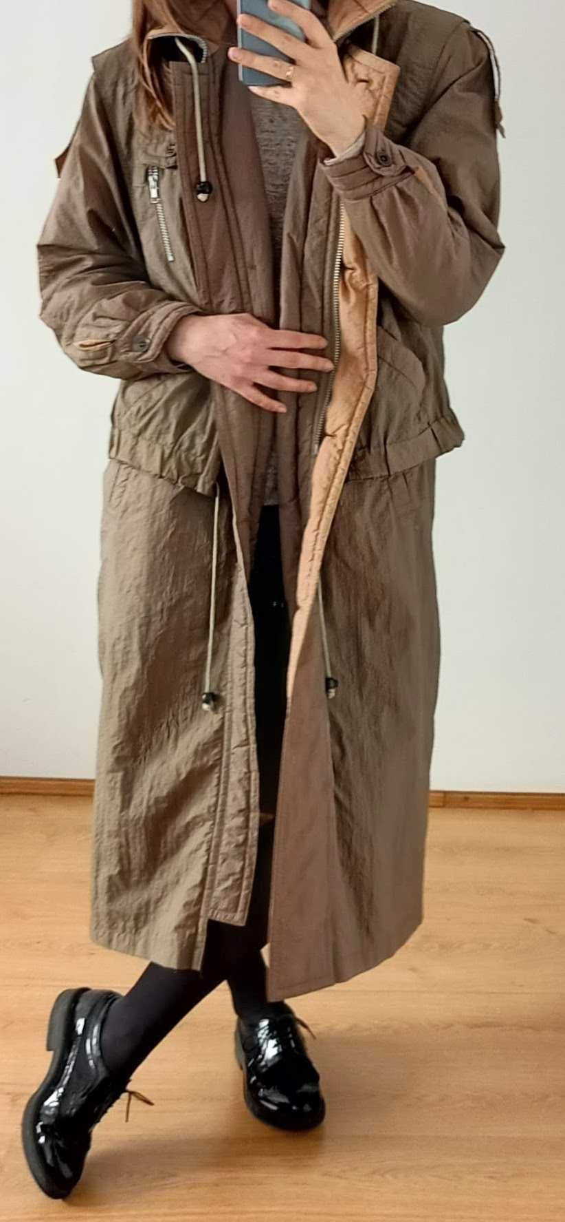Kurtka długa parka trencz płaszcz brązowy wełna vintage