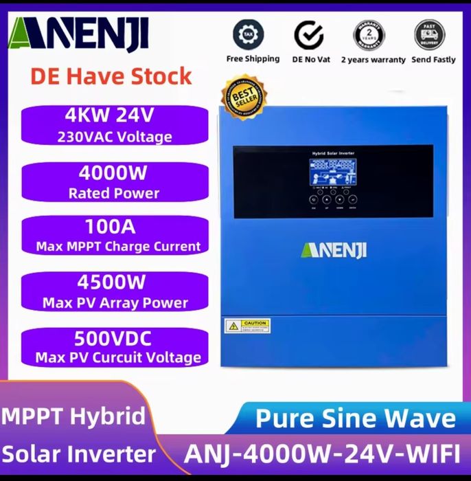Продам гібридний сонячний інвертор 24V 4KW
ANJ 4000W-24V-WIFI
ANJ 4000