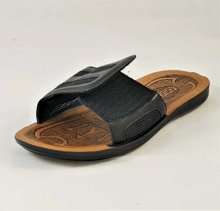 Мужские Шлёпанцы Тапочки Кожаные Черные Сланцы на Липучке