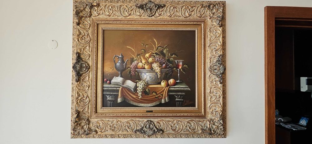 Pintura a óleo em tela de natureza morta - L. Blanco