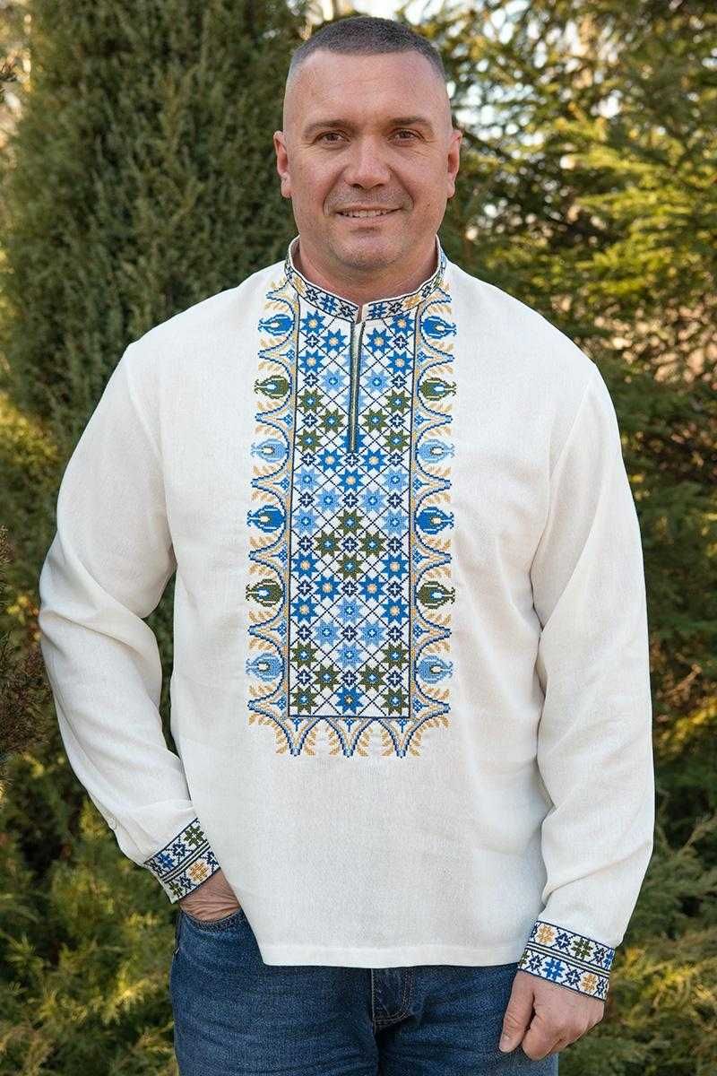 М-5XL Вишиванка чоловіча з довгим рукавом молочна з орнаментом