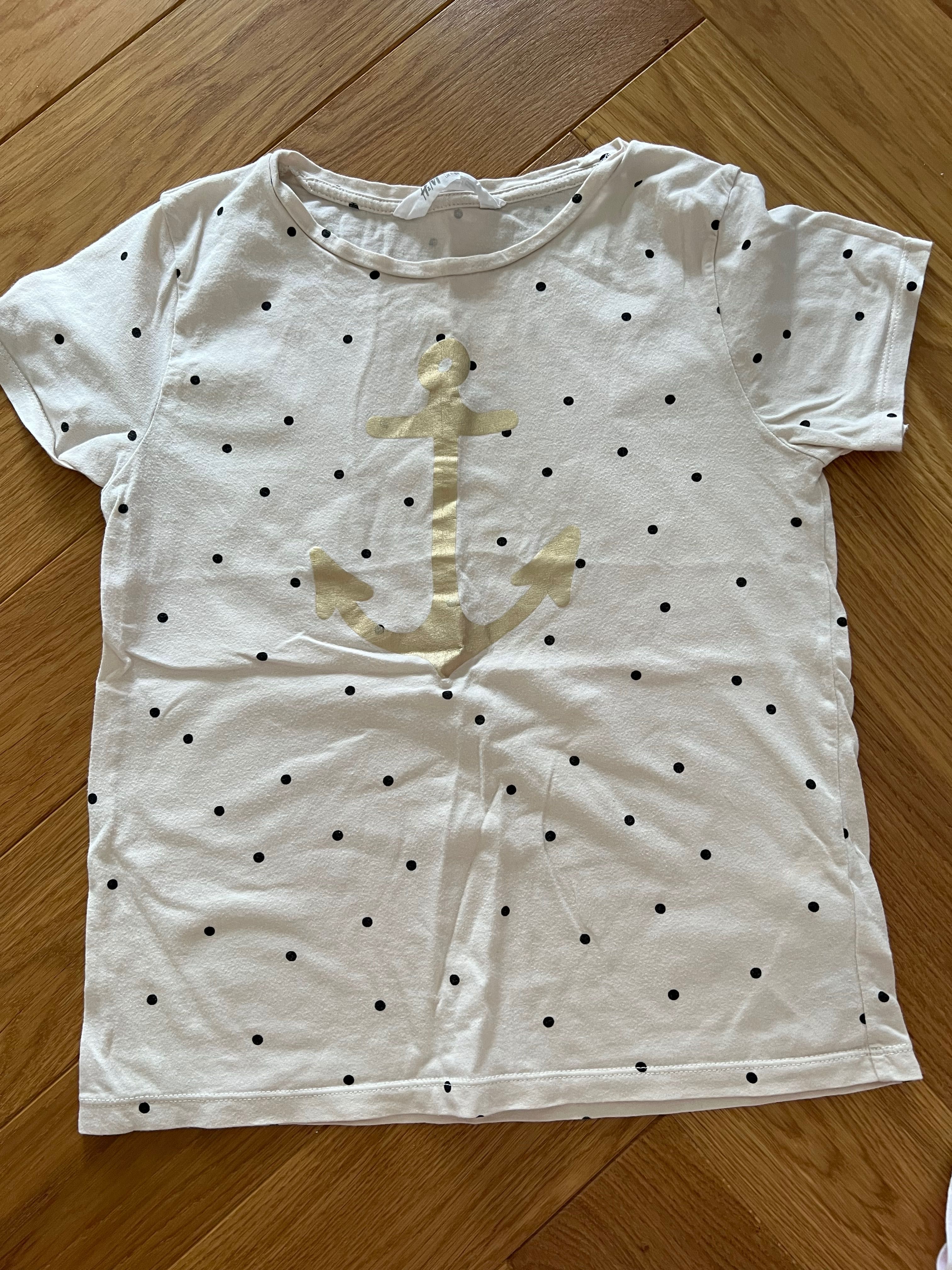 H&M beżowy T-shirt bluzka kropki kropeczki kotwica 134/140