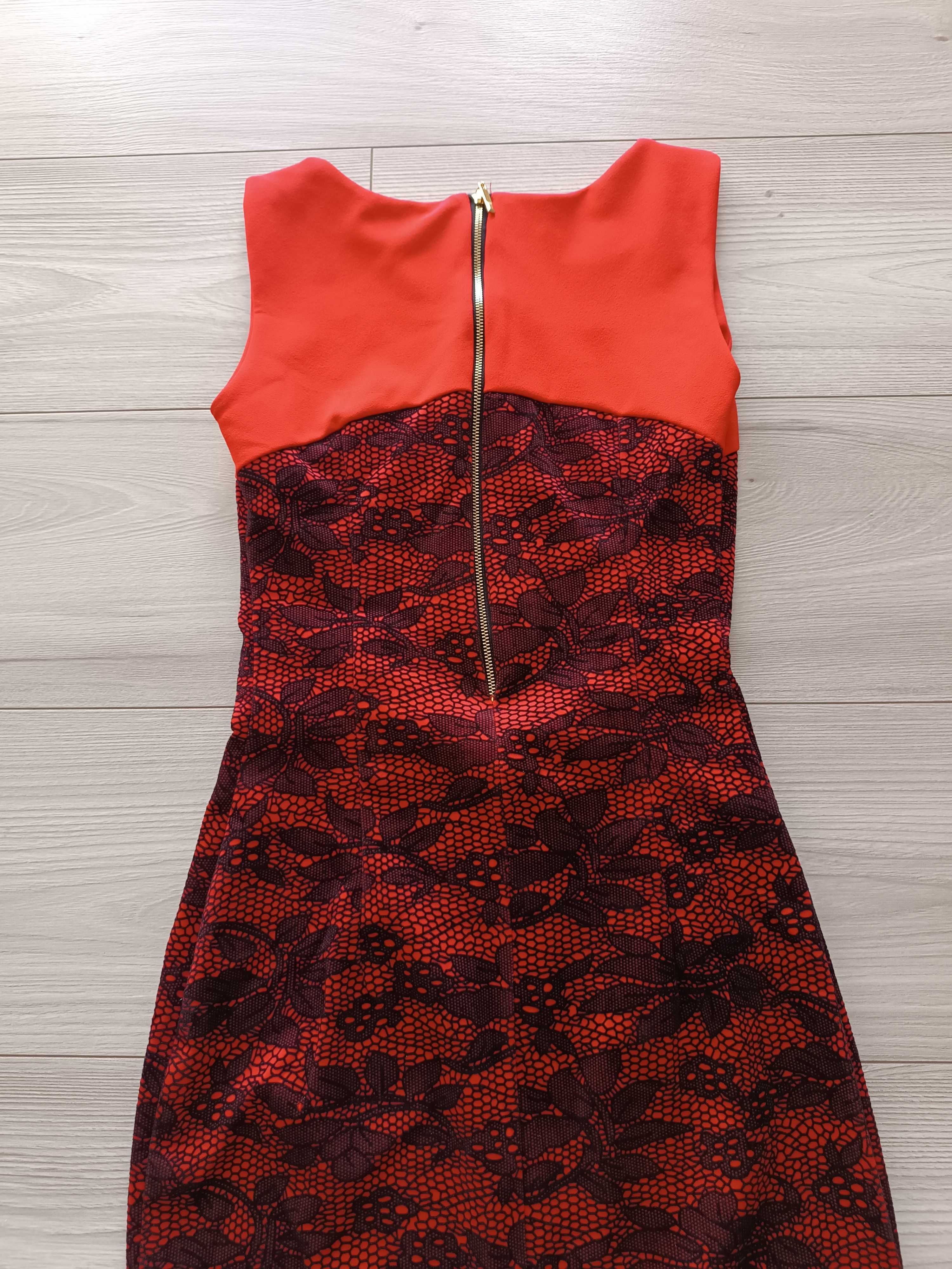 Sukienka damska czerwona-czarna elegancka krótki rękaw używana, XS
