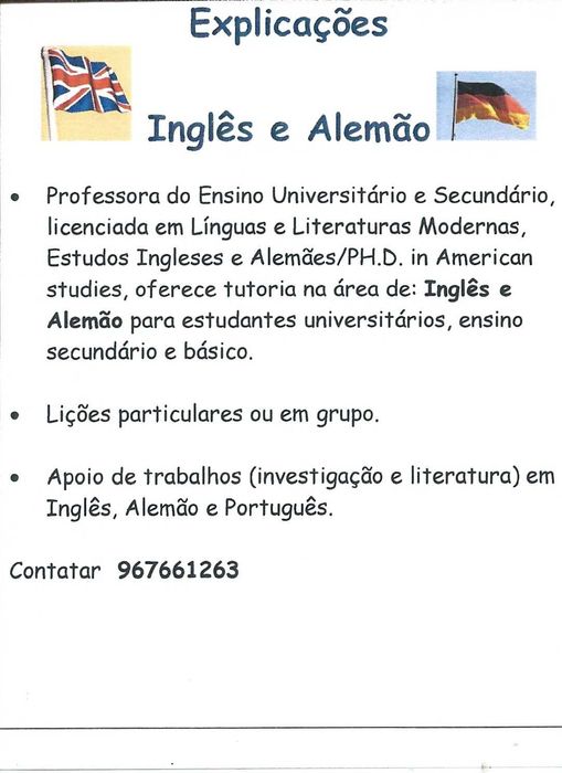 EXPLICAÇÕES DE INGLÊS, ALEMÃO E PORTUGUÊS