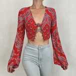 Crop top damski długi rękaw bluzka czerwona we wzory vintage retro